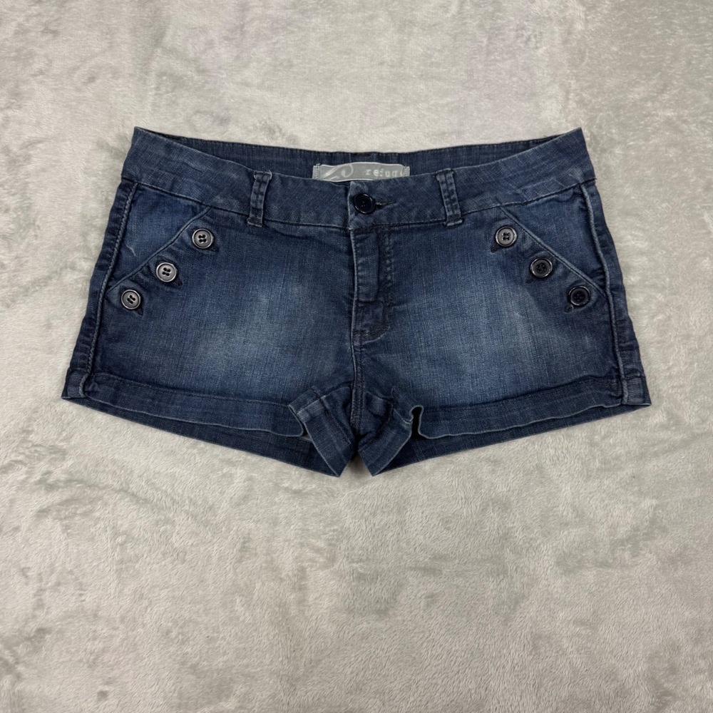 Refuge Women's Dark Wash Denim Shorts Size 11 Sailor Button Stretch Cuffed